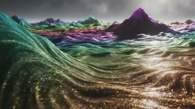 Colorful abstract mountain landscape highlighting environmental conservation and serenity