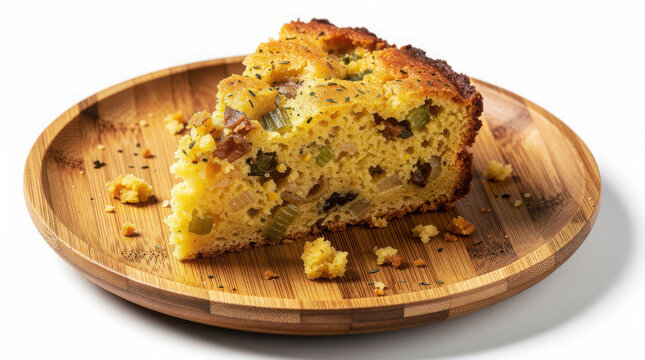 Cornbread Dressing on Bamboo Plate 35 Degree Angle Isolated on White Background Studio Shot