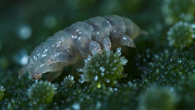 Transparent insect crawls over green moss with dew droplets, showcasing detailed body structure and movement in a natural environment