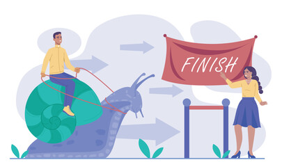 Slow progress concept. Man on snail rides to finish line. Challenge, obstacles and difficulties. Inefficient workflow. Metaphor of stagnation. Flat vector illustration © 100% HAND-CRAFTED 