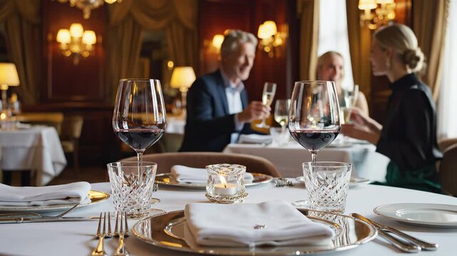 Elegant dining scene with people toasting ideal for restaurant branding and gastronomy vlogs