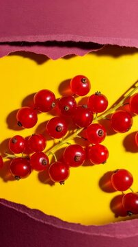 Red currants revealed through torn magenta paper on a bright yellow background sliding triptych reveal moving into closeup