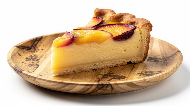 Kuchen Fruit Custard Cake on Bamboo Plate 30 Degree Angle Isolated on White Background Studio Image