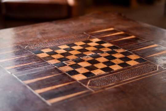 Wooden Chess and Backgammon Board on Table, Close-Up Detail