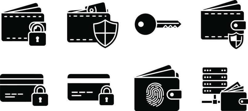 Black icons of secure payment methods and financial security symbols on white background