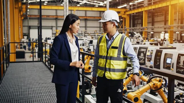 asian businesswoman and engineer in hard hat discussing work in automated factory with robotic arms. industrial manufacturing inspection. smart industry concept. production line management.