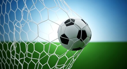 Fototapeta premium Soccer ball flying into goal net on green field with blue sky