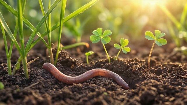 Earthworm crawling on fertile soil surface among green sprouts. Organic gardening and soil health concept. Lockdown close-up shot.