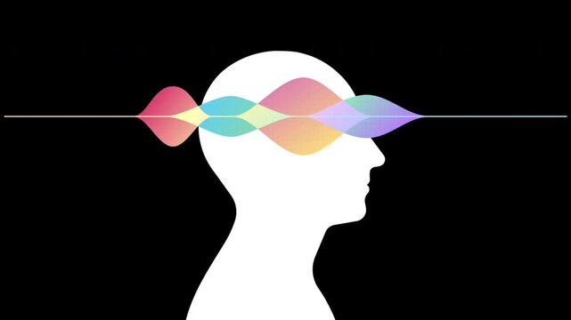 Brainwaves inside male head. Head silhouette with abstract moving waveforms. Side view. Neurology concept, mind activity scan. Transparent background on Alpha Channel ProRes 4444