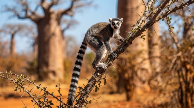 Ring Tailed Lemur Climbing on Thorny Branch in Madagascar
