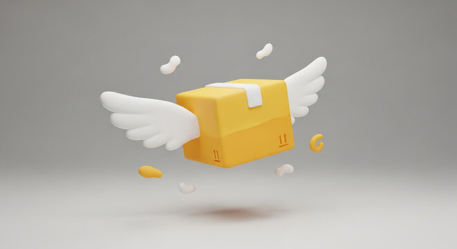 3d rendering of a cardboard box with wings flying representing fast shipping and express delivery service