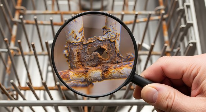 Magnifying glass examines heavily rusted metal rack with deteriorating structure and signs of corrosion damage