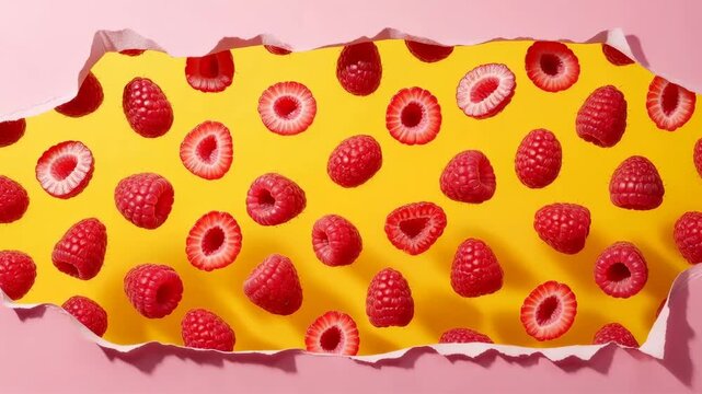 Pink torn paper revealing a yellow background patterned with floating raspberries, progressive left to right reveal, bright colorful fruit concept