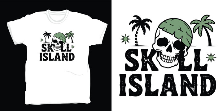 Skull island t-shirt design with a spooky pirate head and tropical palm trees for summer fashion wear