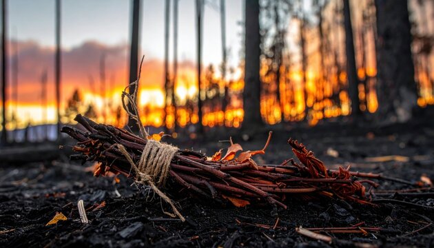 A bundle of scorched and brittle branches tied with coarse twine lying on the charred ground in the wake of a devastating forest wildfire with glowing orange flames in the dark background.
