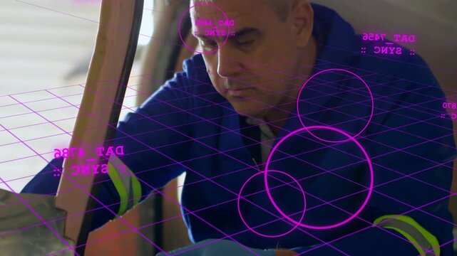 Male tech inserting driver into hatch activating magenta holo grid aligning screws, servicing panel