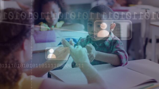 Boy mimicking adult hands' finger gesture in classroom, user-icons and binary code guiding practice