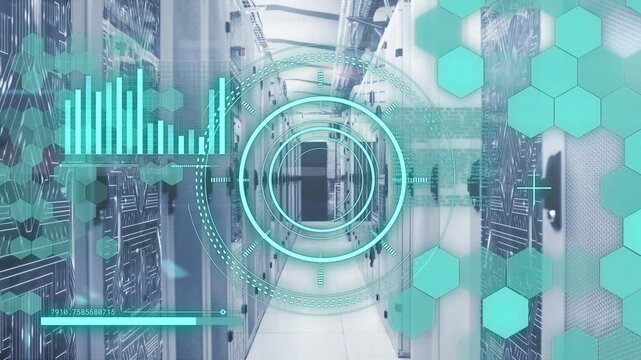 Server corridor showing turquoise UI appearing, reticle pulsing and scanning aisle for diagnostics