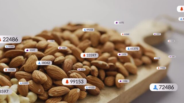 At start labels appearing over almond pile, growing and drifting, showing engagement, then fading
