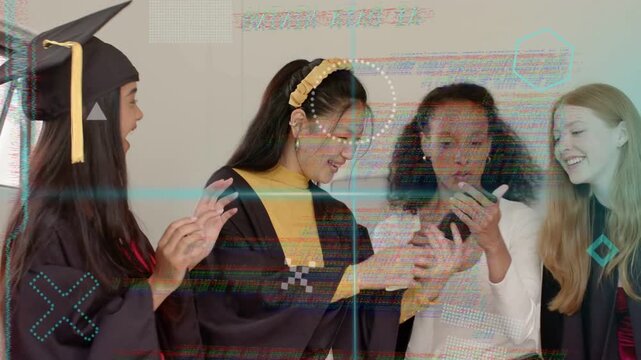 Four grads crowding smartphone, sharing clip, reacting then smiling while overlays obscuring gowns
