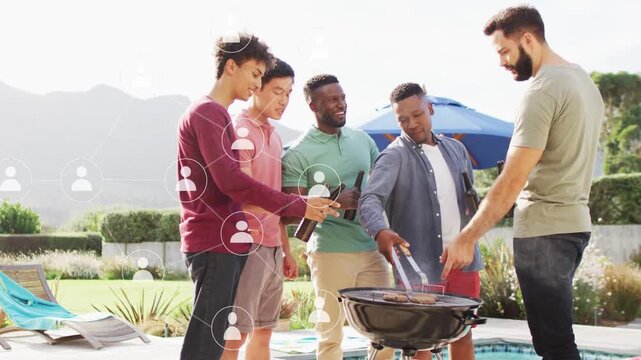 Five men grilling poolside one man using tongs flipping patties serving food icons overlaying
