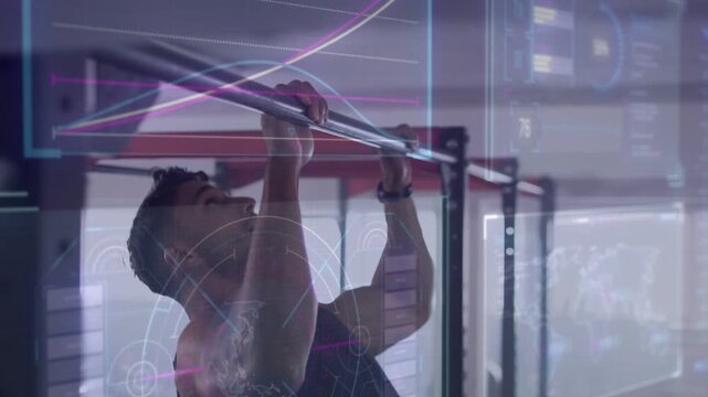 Adult male reaching up and gripping pull-up bar, doing pull-ups in gym, HUD metrics tracking form