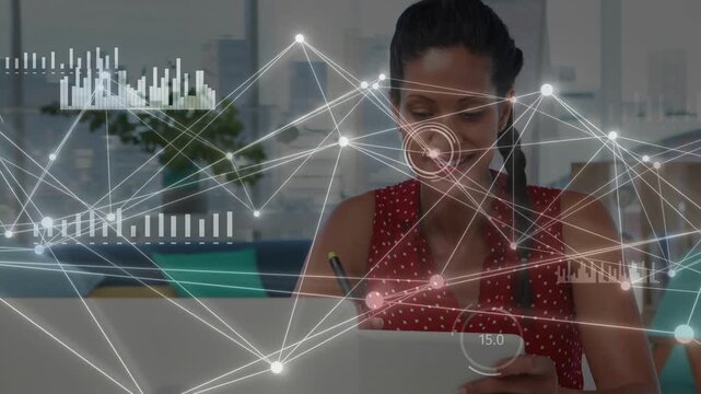 Midadult woman tapping tablet and reviewing tech metrics, network charts animating around tablet