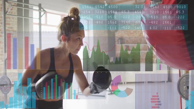 Female boxer throwing jabs in gym, stance initiating combo while animated charts tracking metrics