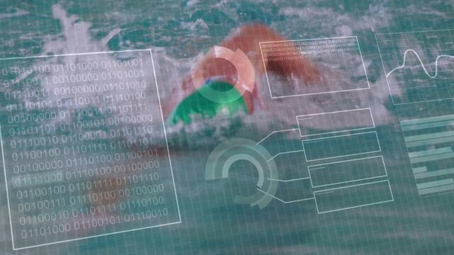 Swimmer entering lane and doing freestyle strokes, HUD overlays growing displaying training metrics