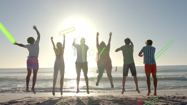 Six friends jumping on cue at shore, green-yellow graphics swelling then fading for marketing