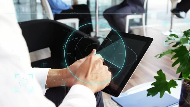 Right hand tapping initiating radar HUD, adult steadying tablet, camera panning lounge for work