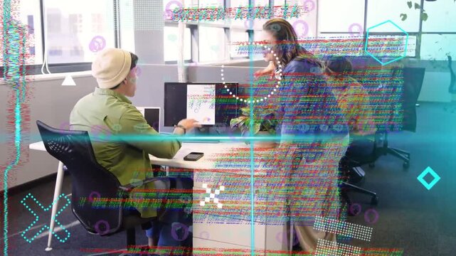 Coworker coming and pointing, man shifting focus, reviewing device for business with HUD passing