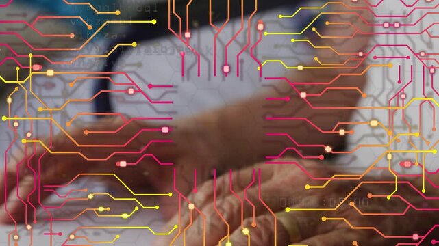 Senior hands smoothing paper, placing card, phone entering right scanning for tech scan, circuit