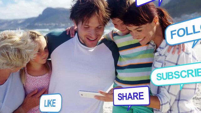 Family huddling beachside while man tapping phone and creating social media bubbles over faces