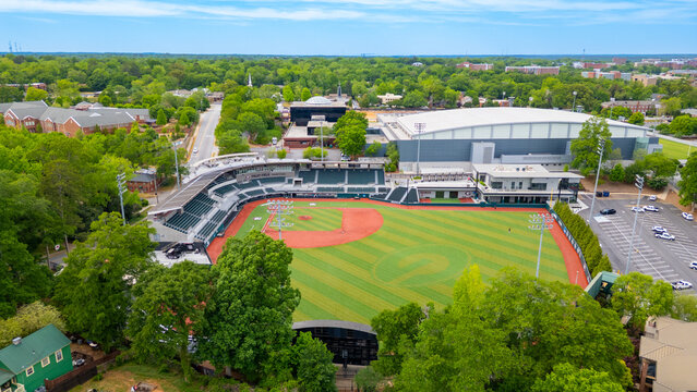 Aerial drone view of the UGA baseball Foley Field at the University of Georgia in Athens, Georgia.