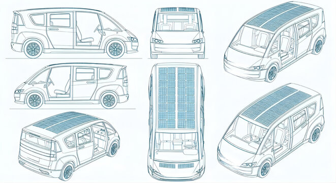 AutoCAD Solar Mini Van Blueprint &ndash; Public Transport Vehicle Multi View Cyan Outline