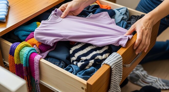 Hands organizing a cluttered drawer filled with folded clothes and knitted items