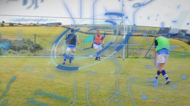 Kicker running, shooting ball; keeper diving, blocking; blue overlay moving during sports training