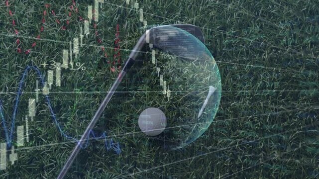 Glowing bubble appearing above golf ball, charts reversing then rising, visualizing market rebound