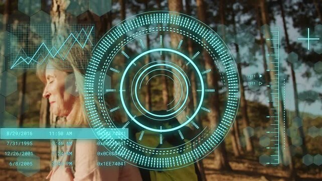 Sensor sensing hiker walking with poles HUD tracking rings sliding onto trees aiding navigation