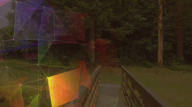 Camera moving along wooden bridge, polygon mesh sliding left and fading, revealing tree clearing