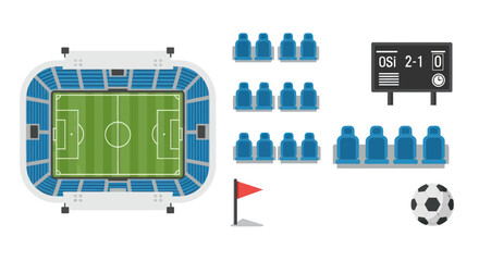 Soccer Stadium, Field, Seats, Scoreboard, Ball & Flag - Top View © malika