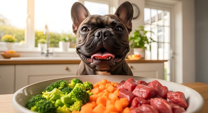 Happy French Bulldog watching a bowl of healthy raw dog food with broccoli carrots and meat