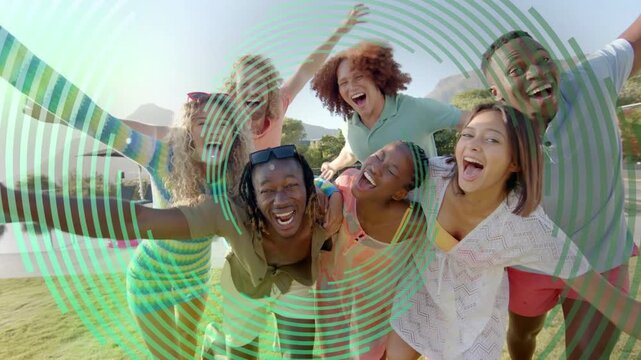 Seven adults closing ranks while camera moving closer, overlay centering on group for marketing