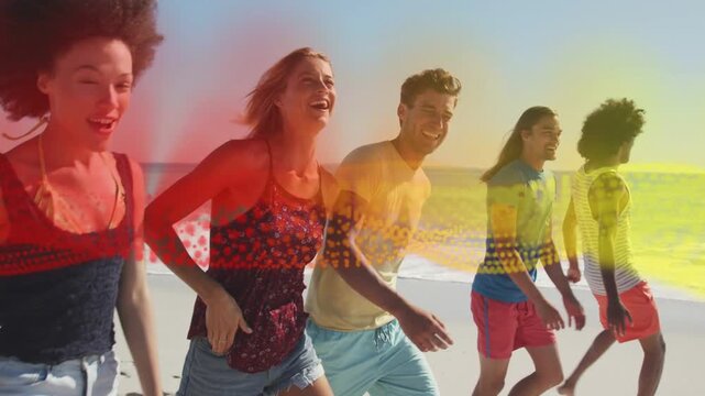 Six friends walking beach, camera panning starting dotted arcs sweeping for marketing