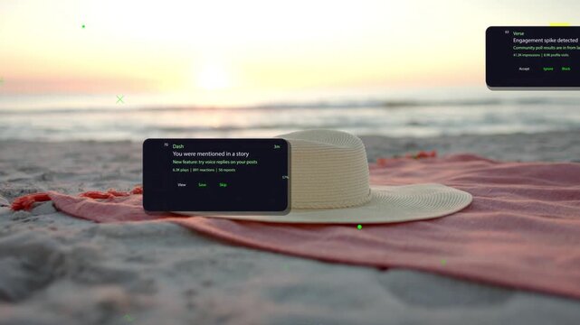 Straw sun hat on pink towel while pings spawning cards sliding, stacking, showing overload