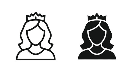 Elegant queen or princess avatar icons featuring a woman wearing a crown in outline and solid black vector styles © Art