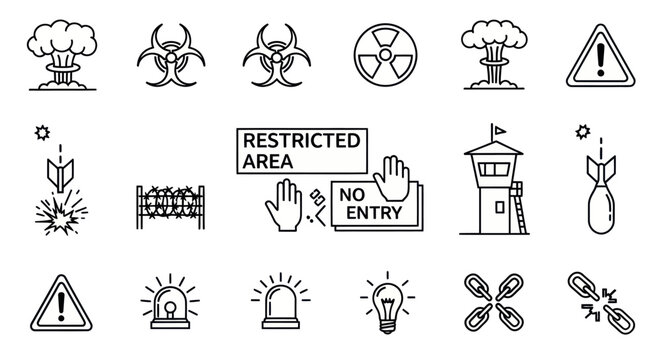 Danger Warning Icons Set: Explosion, Biohazard, Radiation, Restricted Area, Guard Tower, Bomb