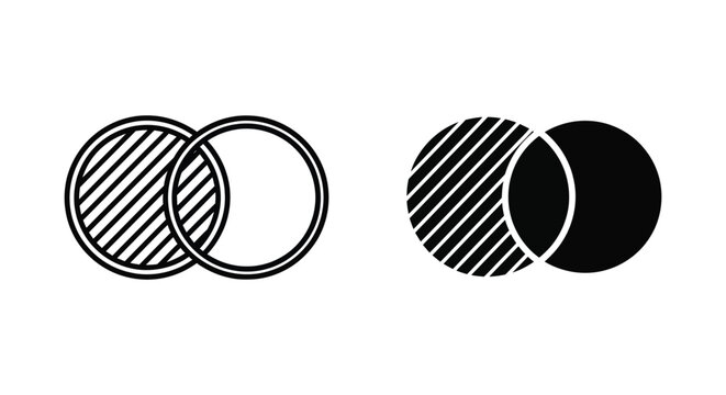 Venn diagram intersection icon set with two overlapping circles in outline and solid black vector styles for data analysis and logical relation concepts