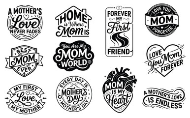 Obraz premium Mother love typography badge collection with handwritten quotes mom lettering labels and decorative emblems set for mothers day celebration